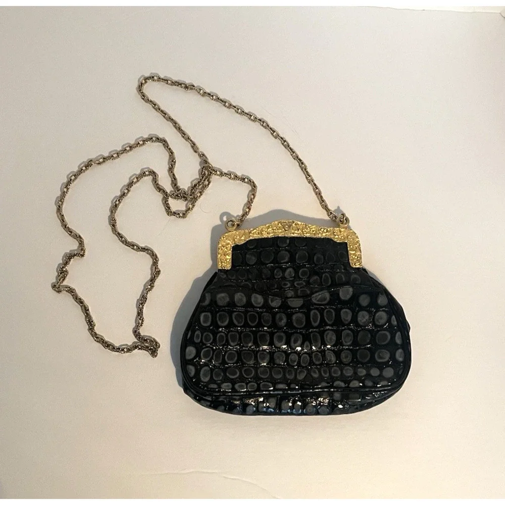 GLEN MILLER FOR ANN TURK EVENING HANDBAG BLACK EMBOSSED LEATHER, EC